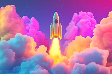 Obraz premium A colorful rocket launches through vibrant clouds into a starry sky.
