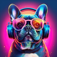 concept print with cute french bulldog in headphones and trendy transparent glasses in neon lights generative ai