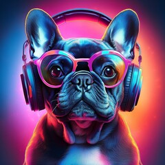 concept print with cute french bulldog in headphones and trendy transparent glasses in neon lights generative ai