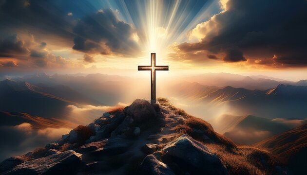 crucifix at the top of a mountain with sunlight breaking through the clouds inspirational christian image