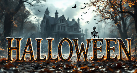 This image depicts a spooky Halloween scene with a haunted house, a skeleton, and a bat flying in the night sky, with "Halloween" text in the foreground.

