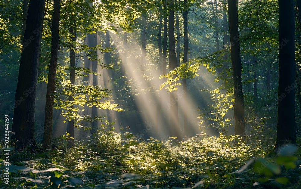 Aufkleber a serene forest scene with sunlight streaming through trees, illuminating the ground with a golden g