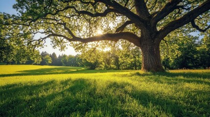 Obraz premium A majestic oak tree stands tall in a sunlit meadow, its branches reaching towards the sky. The sun shines through the leaves, casting long shadows on the grass.
