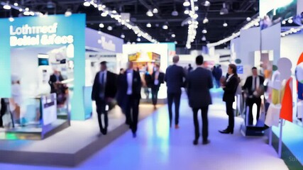 Business expo with people in masks, modern technology event, concept of innovation and safety.
