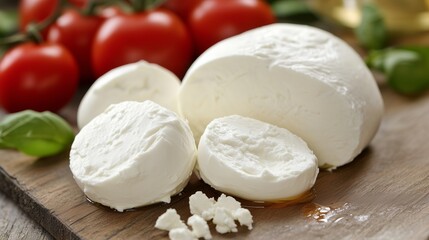 Fototapeta premium Close-up of soft mozzarella cheese spread on a wooden board. Nearby are fresh ripe tomatoes and basil leaves, creating the atmosphere of Italian cuisine.