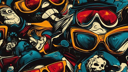 Fototapeta premium Graffiti-style pattern incorporating bold street fashion elements like caps, sneakers, and designer shades, with vibrant neon splashes and expressive shapes, set against a dark urban wall,