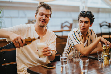 Two friends relaxing at a cafe, sharing beers and engaging in lively conversation. The setting is warm and inviting, perfect for socializing and enjoying good company.