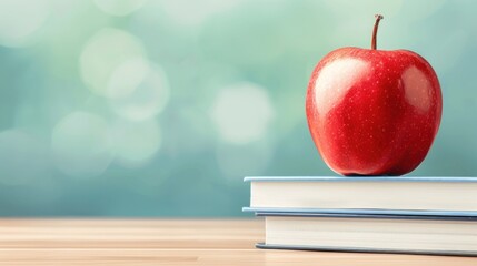 Red apple on stack of books against blurred green background. National Eat A Red Apple Day, Back to School Concept