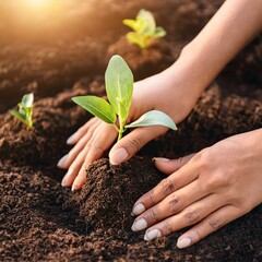 Fototapeta premium female hands planting young plants garden concept