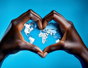 Fototapeta premium female hands painted in the world map forming heart shape isolated on blue background