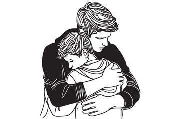 Father and baby in continuous line art drawing artistic style. happy Father's Day. Dad hugs his child