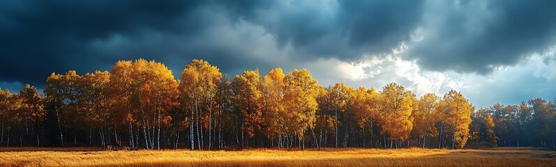 Fototapeta premium A serene landscape showcases golden trees against a dramatic sky, highlighting the beauty of nature during a transition from day to evening.