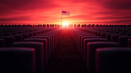 Obraz premium Flags Flying Over Rows of Tombstones at Veterans Cemetery