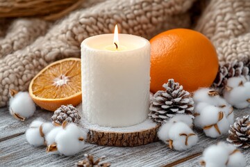 Rustic decor for Christmas holiday family dinner. Center piece with white candle, dry orange, cones, cotton. Zero waste eco friendly
