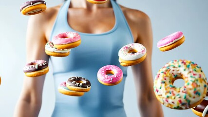 Woman in a blue tank top surrounded by floating donuts, symbolizing temptation and indulgence.

