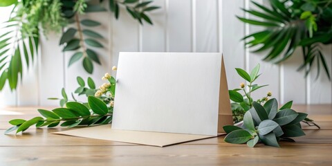 Mockup white sheet on craft paper with bright greenery around