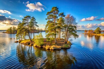 Fototapeta premium Scenic landscape of crooked trees on island in Swedish river