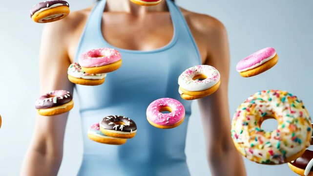 Woman in a blue tank top surrounded by floating donuts, symbolizing temptation and indulgence.

