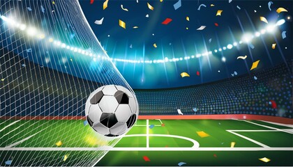 hitting a soccer ball in a net with bright highlights and falling confetti soccer championship in the arena  illustration