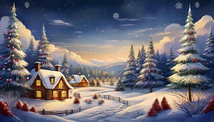 Naklejka premium illustration of a winter christmas scene landscape for a banner or wallpaper