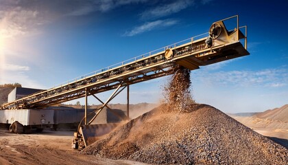 industrial conveyor belt dumping rock debris at mine with brigh