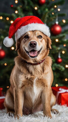 Dog in Santa Claus hat. Golden retriever in Santa hat on blurred Christmas tree decorated home background with copy space. Modern concept for celebrating Christmas and New Year