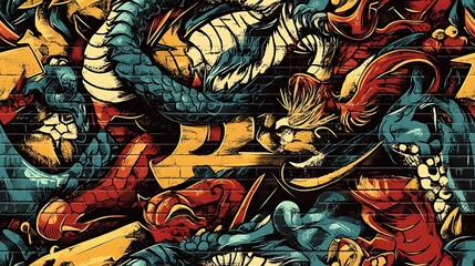 Graffiti-style pattern incorporating mystical creatures like dragons, phoenixes, and glowing rune symbols, intertwined with vibrant colors and dynamic shapes, set against a rough brick wall,
