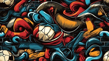 Obraz premium Graffiti-style pattern incorporating sports equipment like basketballs, soccer balls, and skateboards, surrounded by vibrant neon splashes and dynamic brushstrokes, set against a rough brick wall,