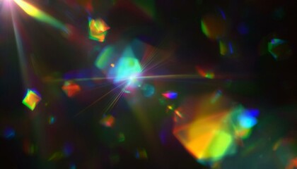 Fototapeta premium lens flare abstract bokeh lights moving leaking reflection of a glass crystal defocused shining colorful rainbow light leaks rays on black background lense slow motion