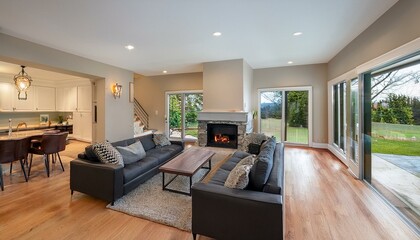 Fototapeta premium living room in new luxury home with floor to ceiling fireplace