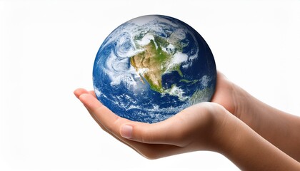 many children hands holding planet earth isolated on white background