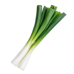 Fresh leeks, white isolate background, vibrant green stalks.