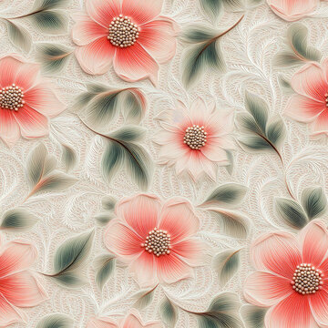 Seamless soft pink floral embroidery with intricate leaves on lace background