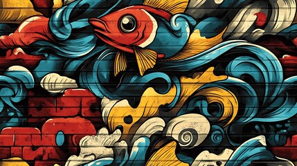 Graffiti-style pattern with abstract fish, swirling waves, and seashells, surrounded by bright neon colors and expressive lines, spray-painted on a rough urban wall,