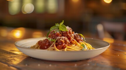 Delicious spaghetti bolognese with meatballs and fresh basil on rustic wooden table