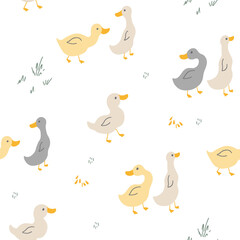 Cute Cartoon Duck Seamless Pattern, Vector Illustration Background