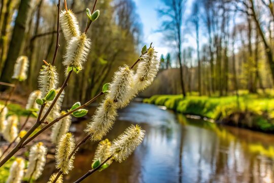 Natural scene of white kashful flowers in forest near river
