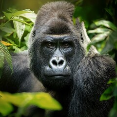 portrait of gorilla in the jungle looking at camera through leaves