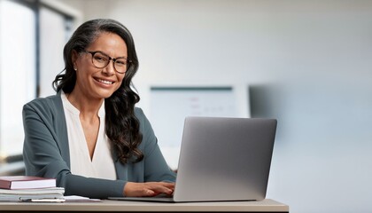 Fototapeta premium portrait of happy professor sitting at desk using laptop