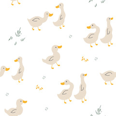 Cute Cartoon Duck Seamless Pattern, Vector Illustration Background