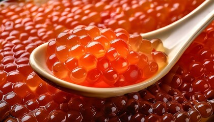 red caviar in a spoon background close up of salmon fish roe caviar delicatessen texture of trout caviar backdrop shell shaped spoon full of red caviar seafood rotating