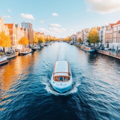 Obraz premium Scenic view of a canal in Amsterdam with a boat and autumn foliage.