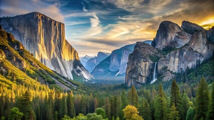 Scenic view of El Capitan and Half Dome in Yosemite Valley with blurred depth of field