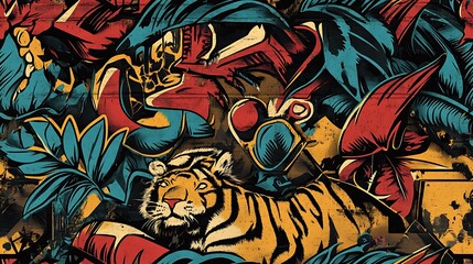 Naklejka premium Graffiti-style pattern with exotic tropical leaves and jungle animals like tigers and parrots, surrounded by abstract geometric elements and bold colors,