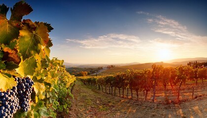 Naklejka premium ripe red grapes on vineyards in autumn harvest at sunset panorama of vineyard with red grapes at sunset tuscany italy