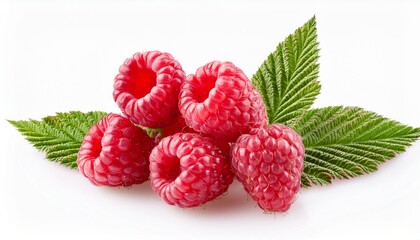 ripe raspberries with leaf isolated on a white background