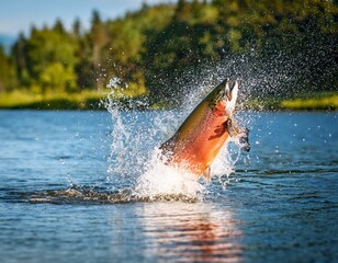 Obraz premium salmon is jumping out of water with water splash at the sunny lake