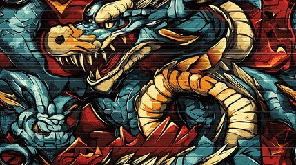 Graffiti-style pattern with fierce dragons, radiant phoenixes, and mystical runes, surrounded by bright neon colors and swirling abstract shapes,
