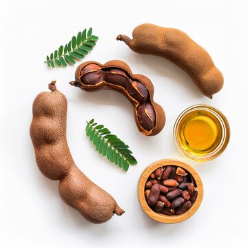 set of tamarind tropical fruits isolated on white background fresh ripe tamarind pods tamarindus indica indian date healthy vegan food top view flat lay