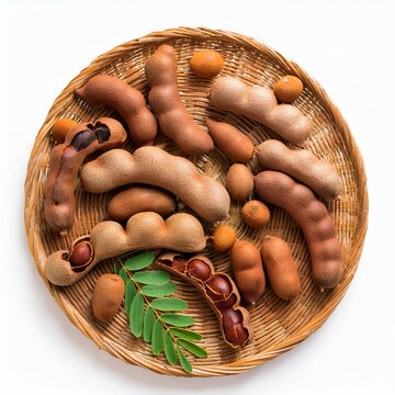 set of tamarind tropical fruits isolated on white background fresh ripe tamarind pods tamarindus indica indian date healthy vegan food top view flat lay
